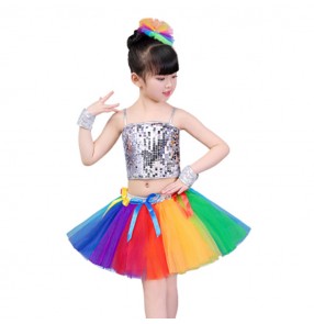 Rainbow street modern dance hiphop dance dresses girls kids children stage performance competition cheerleaders party cosplay outfits