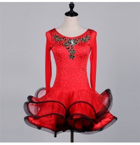 Red and black patchwork diamond competition long sleeves women's female rumba salsa latin dance dresses
