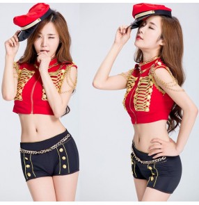 Red and black with gold chain fashion sexy girl's women's jazz singers dj ds hiphop dancers dancing outfits costumes with hat