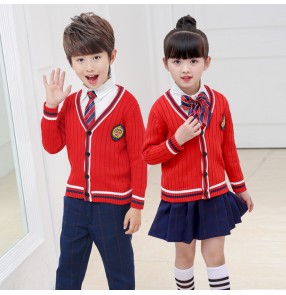 Red blue England style plaid boy's girl's stage cardigans tops and plaid pants performance competition student chorus dance school uniforms outfits