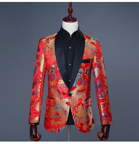 Red china style dragon pattern men's male singers host competition stage performance magician jazz groomsman dancing blazers coats jackets