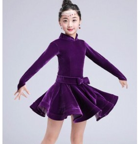 Red fuchsia violet black royal blue turquoise velvet long sleeves turtle neck girls children competition performance ballroom latin dance dresses