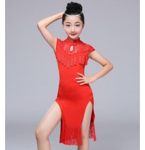 Red  girls latin dresses children kids stage performance competition salsa rumba chacha latin dance dresses cheongsam