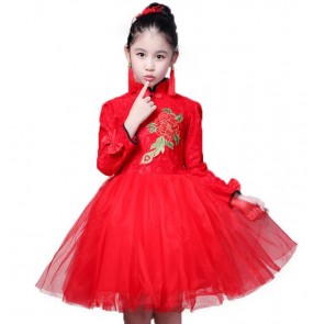 Red Girls traditional cheongsam dresses kid children singers chorus stage performance chorus princess wedding party flower girls dresses