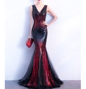 Red gold blue evening dresses women's female long length sexy fashion v neck sleeveless wedding party celebration event evening dress mermaid dresses