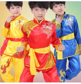 Red gold boy's Chinese folk dance Dragon Totem Tai Chi Kung Fu Martial Arts Children's Dancewear Performance Clothes Stage Costume 