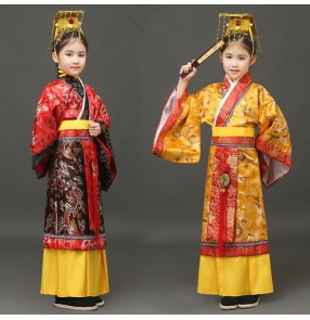 Red gold damask boy's kids children performance ancient Chinese folk dance han dynasty film drama king cosplay dance dresses costumes