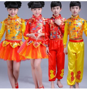 Red gold yellow china dragon style boy's girl's children folk dance drummer performance yangko opening dance boat dancing costumes clothes dresses