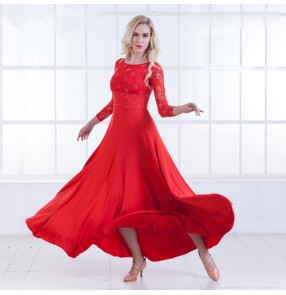 Red lace long sleeves rhinestones competition women's ballroom waltz tango competition dance long dresses costumes