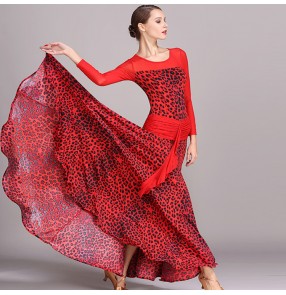 Red leopard printed fashion long sleeves women's girl's competition performance ballroom flamenco dance long dresses