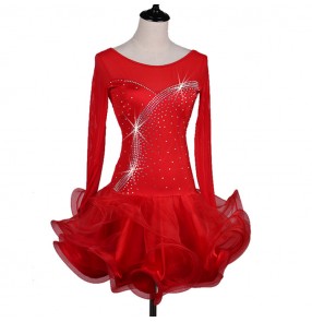 Red long sleeves ruffles skirts women's ladies rhinestones competition professional latin salsa rumba dance dresses