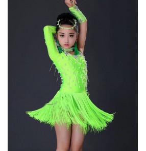 Red neon green rhinestones beads one shoulder fringes girls children kids competition stage performance latin salsa cha cha dance dresses