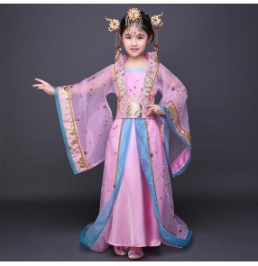 Red pink girl's kids children ancient Chinese folk tang dynasty fairy princess film anime cosplay photos dance dresses costumes