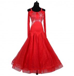 Red rhinestones long sleeves competition professional women's female ballroom tango waltz dance dresses costumes