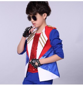 Red royal blue white sequined fashion modern dance boy's kids children hip hop jazz singers dancers drummer dancing coats