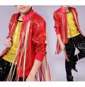 Red sequined glitter boys kids children jazz singers dancers drummer hip hop competition performance dance tops jackets coats