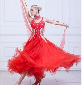 Red white black rhinestones with gloves women's female competition professional tango waltz ballroom dancing dresses