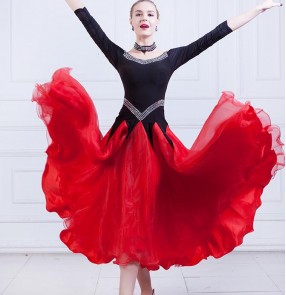 Red with black flamenco dresses women's female competition stage performance ballroom waltz tango dancing dresses costumes