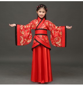 Red with gold damask pattern girl's children Chinese ancient classical folk dance han stage performance fairy princess photos cosplay dancing dresses