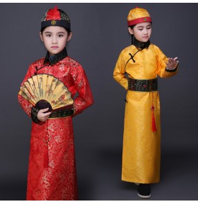 Red yellow gold boy's kids children Chinese folk dance qing dynasty prince landlord drama film performance cosplay costumes dresses