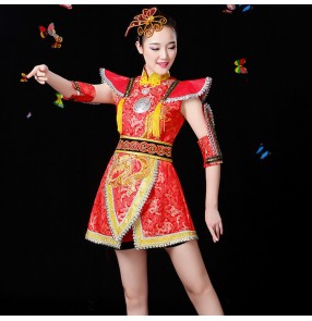 Reg gold damask women's female china chinese style folk yangko drummer dance performance fan dancing costumes dresses