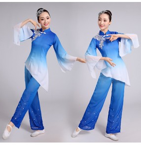 Royal blue gradient colored female Chinese ancient traditional folk dance yangko fan performance dance costumes dresses