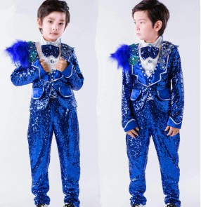 Royal blue jazz dance boy's kids children sequined stage performance host flower boys piano dancing singers dancing outfits