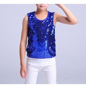 Royal blue Modern dance jazz dance boy's kids children sequined stage performance singers dancers hip hop dance tops vests