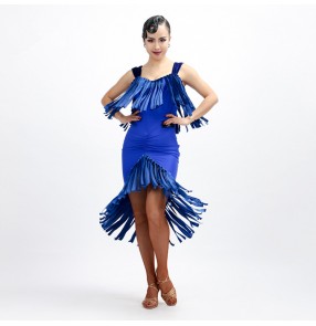 Royal blue red black velvet fringes modal v neck fashion women's girl's sleeveless stage performance competition latin salsa dance dresses