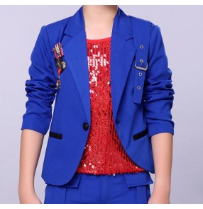 Royal blue red cotton boys kids children modern dance drummer stage performance hip hop singers dancers coat blazers