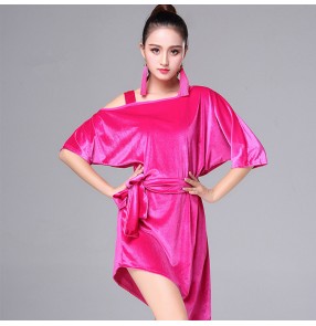 Royal blue red fuchsia hot pink irregular hem loose velvet  batwing girl's female women's salsa cha cha rumba latin dance dresses