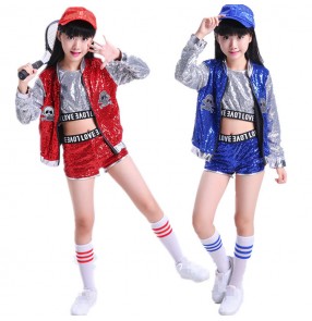 Royal blue red sequined girl's kids children paillette fashion modern dj ds singers drummer performance school competition cheer leader dance costumes