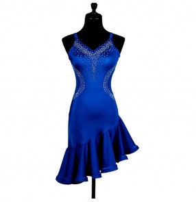 Royal blue rhinestones backless girl's women's competition ruffles skirts professional latin cha cha rumba salsa dance dresses