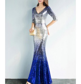 Royal blue silver gradient colored half sleeves women's female competition performance cocktail party wedding celebration host evening dresses