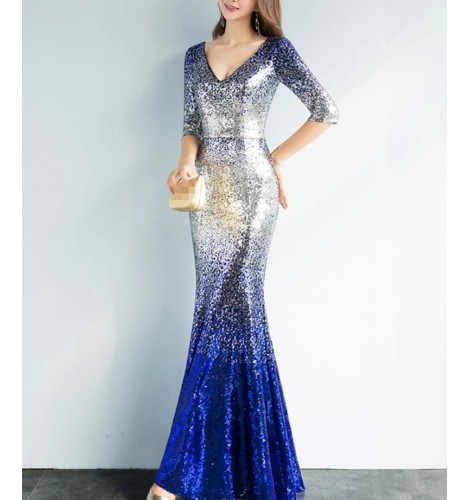 Evening Dress : Royal blue silver gradient colored half sleeves women's