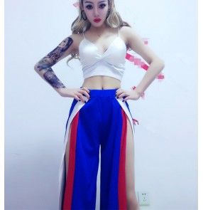Royal blue women's female competition stage performance hip hop jazz side split pants white tops singers dancing outfits costumes