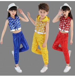 Royal blue yellow gold red sequined paillette girl's boy's modern dance hip hop jazz singers performance dancing outfits costumes