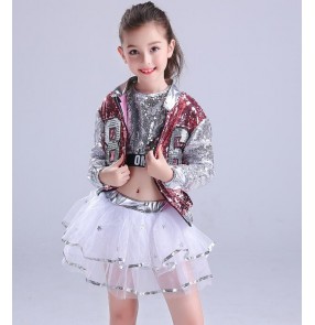 Sequined girls children modern dance hiphop jazz dance costumes children stage performance school competition dj ds dancing outfits costumes