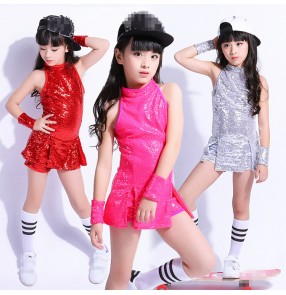 Silver fuchsia red sequined paillette modern dance girl's kids children drummer stage performance hiphop jazz singers dancers costumes outfits