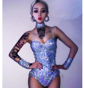 Silver glisten sequined women's singers dancers dj ds night club jazz stage performance dance bodysuit leotards costumes outfits