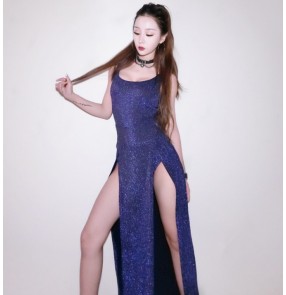 Silver gold royal blue glisten women's female singers lead dancers cheer leaders competition model stage performance leotards long dresses