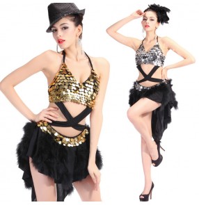 Silver gold sequined beads feather fashion backless women's female competition stage performance latin salsa dance dresses
