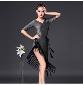 Silver gray glisten half sleeves v neck fringes tassels competition stage performance women's rumba salsa cha cha latin dance dresses