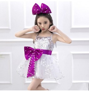 Silver purple patchwork turquoise girl's kids children new year celebration modern dance singers jazz performance paillette princess dance dresses outfits