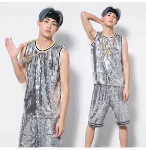 Silver sequined fashion boy's growth men's modern street dance hip hop singers ds dj performance competition tops vests shorts