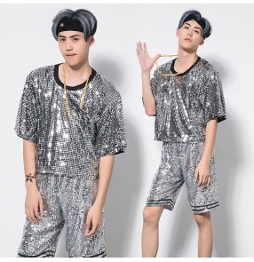 Silver sequined glitter fashion men's growth school competition cheerleader hiphop jazz singers dancers dance costumes t shirt shorts