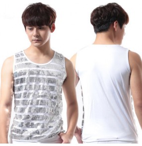 Silver white gold sequined men's modern dance hip hop jazz street dance singers performance host dance vests tops