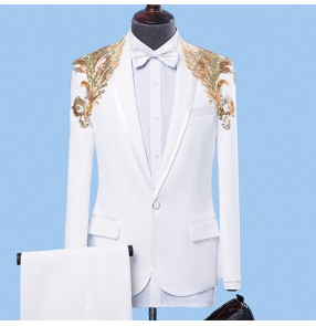 Singer Jazz dance blazer for men white with gold embroidery pattern male competition stage performance dj host party dancing coats and pants