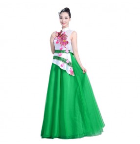  Traditional chinese china folk dance Dresses for women female green yangko fairy performance competition cosplay long dresses