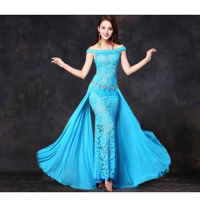 Turquoise blue fuchsia hot pink black lace patchwork fashion women's girl's competition performance belly sexy dance dresses